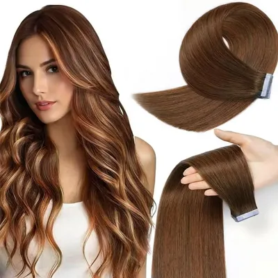 Hair Extensions Tape in Brown Remy Human Hair 20pcs 50g/pack Silky Straight Seamless Skin Weft Glue