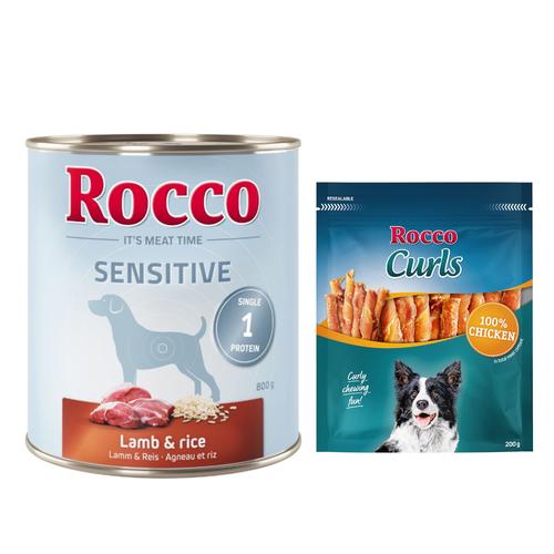 Rocco Kombi-Paket: Sensitive Nassfutter + Curls Snack - 24 x 800 g Lamm mit Reis + 3 x 200 g Huhn