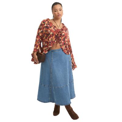 Plus Size Women's Fit-And-Flare Denim Midi Skirt by June+Vie in Vintage Medium Wash (Size 12 W)