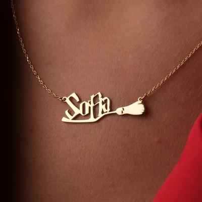TEMU 1pc Custom Name Broomstick Pendant Necklace, Personalized Stainless Steel Wizard Jewelry, 18k Golden Plated Fashion Accessory For Women, Ideal For , For Halloween Image