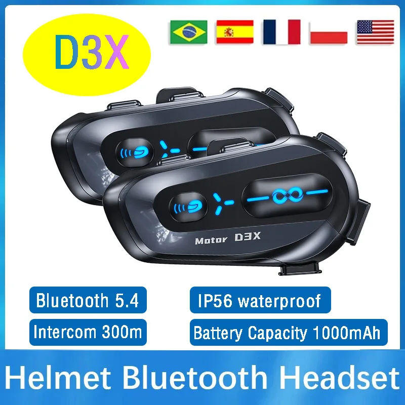 1/2PCS D3X Motorrad Helm Intercom Bluetooth Headset IP56 Staubdicht Wasserdicht Musik Teilen Unbegrenzte Anzahl Von Sprech Image