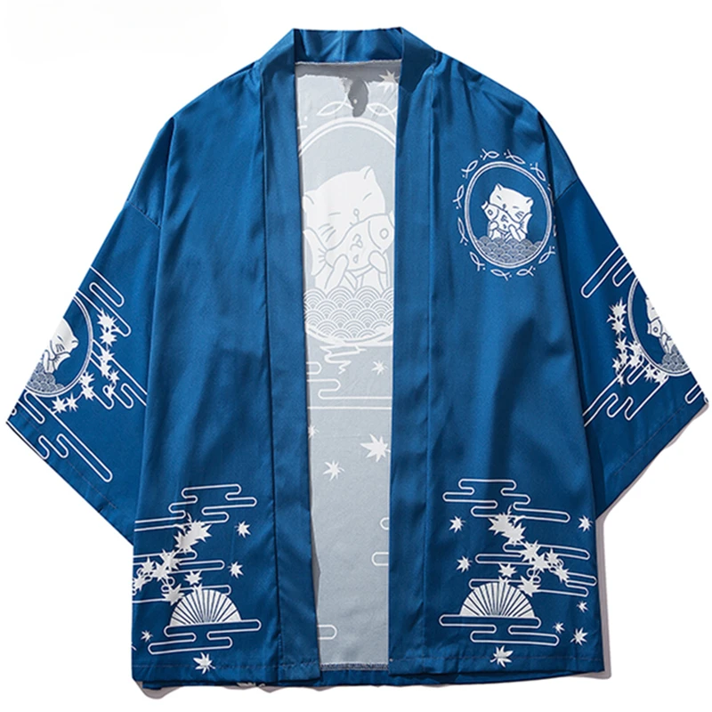 Kimono mit japanischem Katzenaufdruck, dünner Kimono für Männer, japanische Streetwear, blau, lässig, Oberbekleidung Image