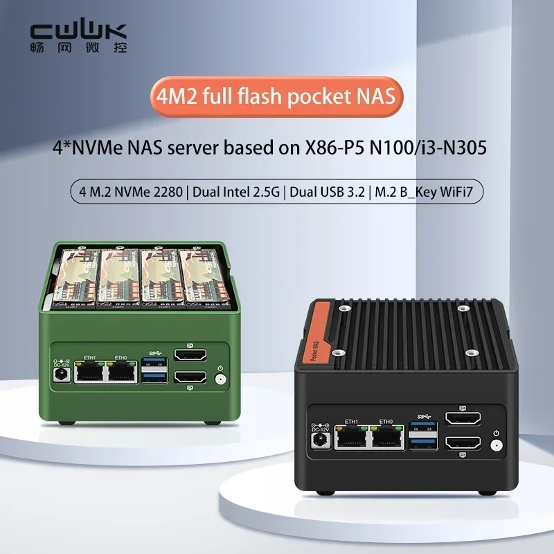 CWWK 4M2 Full Flash Pocket NAS X86-P5 N305 4*NVMe NAS-Server basierend auf X86-P5 N100/i3-N305 DDR5 4800 MHz Firewall der 12. Generation