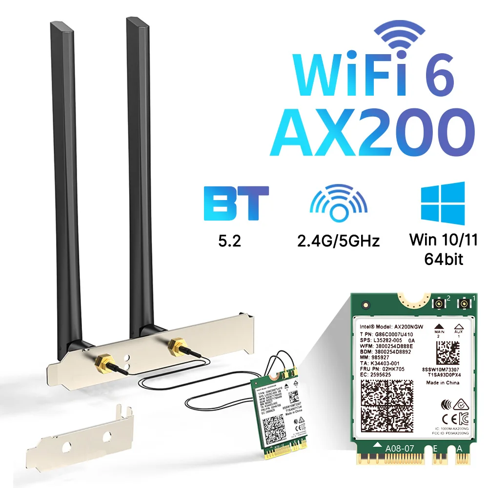 3000 Mbit/s WiFi 6 Intel AX200 Wireless für Bluetooth 5.2 Desktop-Kit 802.11AX 2,4 G/5 GHz AX200NGW Wi-Fi-Karte für PC Windows 10/11 Image