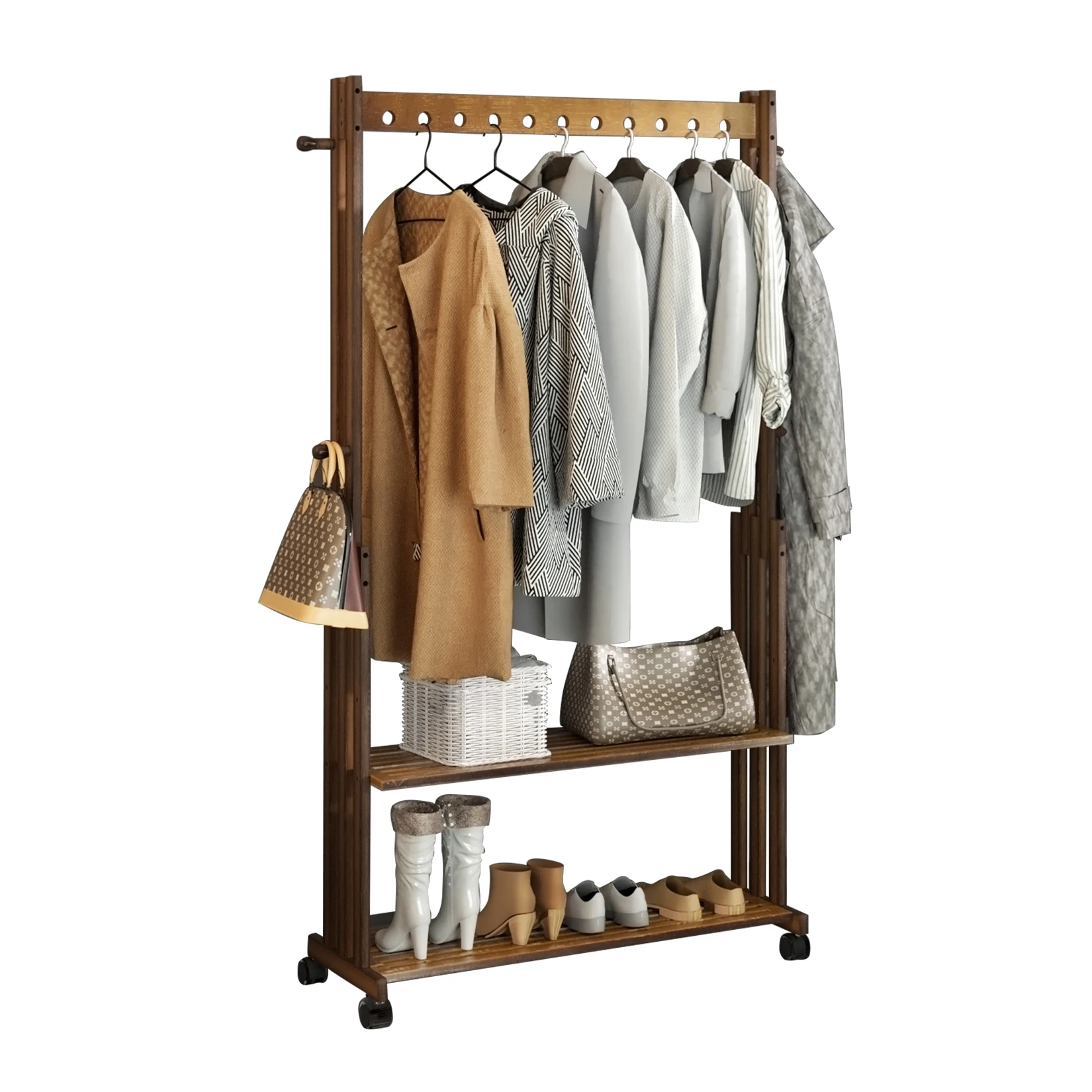 Bambus Kleider ständer stehen Kleidung hängen Schiene Kleider ständer Rolling Coat Stand Schuh ablage Regal mit Rädern