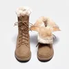Elegant mit mittleren Absätzen, runder Zehenbereich, Damen-Schneestiefel, Schnürsenkel, Frühling und Herbst, Lamm, Demi-Saison-Pelzstiefel, 39, Damenschuhe