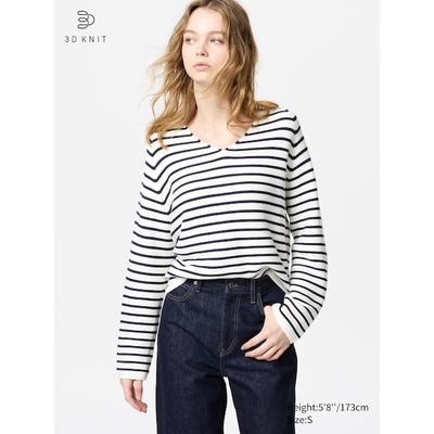 Uniqlo - 3d Knit Seamless Cotton Relaxed V Neck Jumper (stripe) - Off White - XS