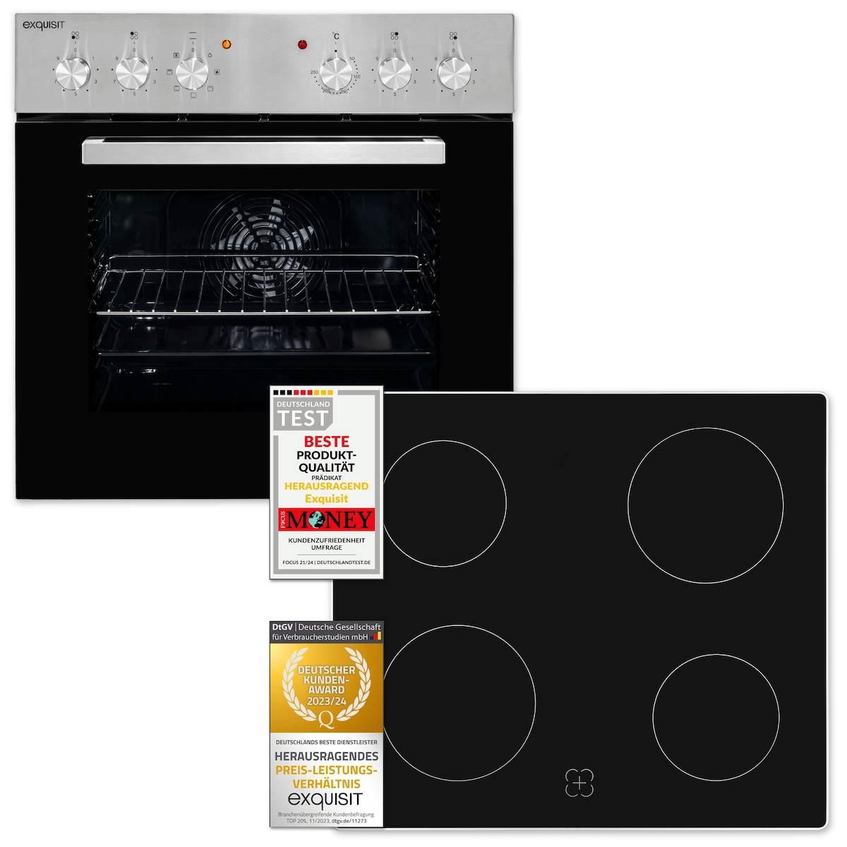 Exquisit Einbauherdset EHE156-2.1U-Set inox | 59 l Garraumvolumen | 7 Backofenfunktionen | Kochfeld mit Rahmen | Energieklasse A Image