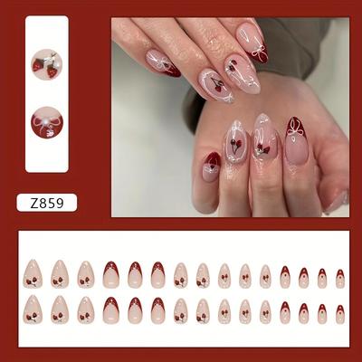 TEMU 24pcs Medium Fake Nails, Red French Tip Press On Nails With Cherry And Bowknot Design, Sweet Cool False Nails For Women Girls