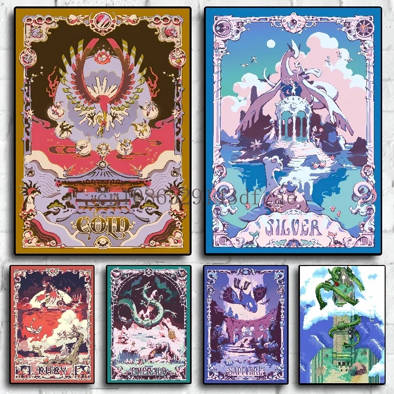 Pokemon Retro Cartoon Poster Klassische Anime Figuren Rayquaza Lugia Leinwand Malerei Wand Kunst Bild Moderne Wohnkultur Kinder Geschenke Image