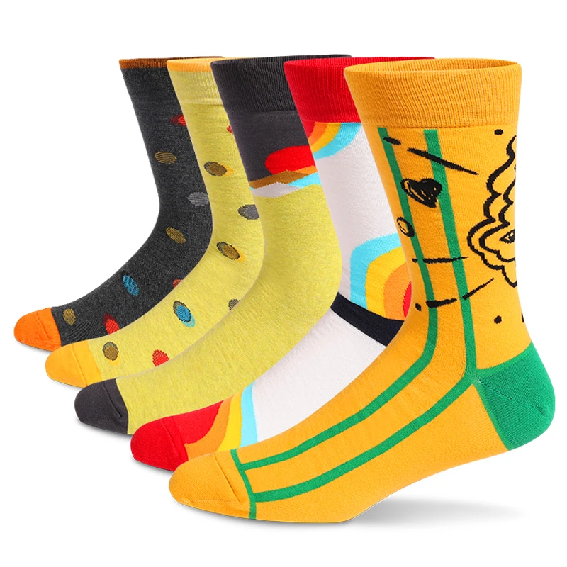 5 Paar Herren Spaß Kleid Socken, Muster lustige Socken Pack, bunt gestreifte gekämmte Baumwolle Neuheit Socken, coole atmungsaktive Casual Socken