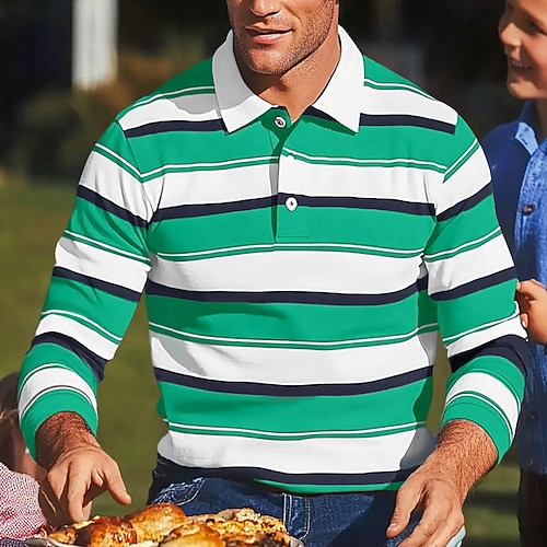 Herren Farbblock Streifen Rugby-Poloshirts Langarm Polo-Shirts Revers Klassisch Mode 3D-Druck Modern Lässig Sport Streifen Herbst Winter Gelb Rote Purpur Image
