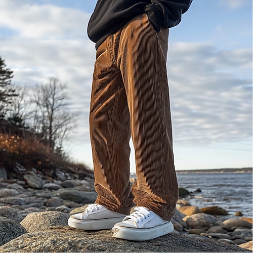 Herren Cordhose Hose Hosen Freizeithose Kordelzug Elastische Taille Gerade geschnitten Glatt Komfort Warm In voller Länge Outdoor Casual Täglich Sport Modisch Dunkelbraun Schwarz Image