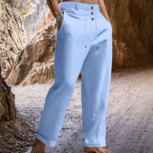 Herren Leinenhose Hose Hosen Sommerhosen Kordelzug Elastische Taille Gerade geschnitten Glatt Komfort Atmungsaktiv In voller Länge Casual Täglich Festtage Modisch Retro Vintage Schwarz Weiß Image