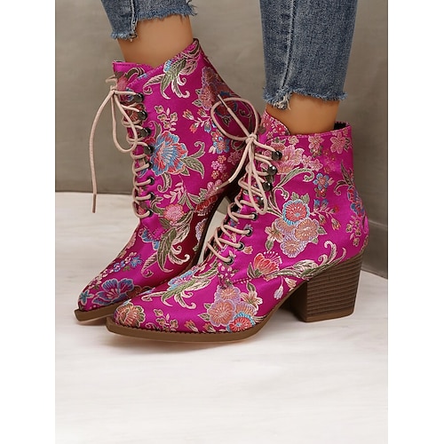 Damenstiefeletten mit Blumenstickereien zum Schnüren – leuchtend rosa Satin mit klobigem Absatz für lässige, Party- oder Boho-Chic-Outfits Image