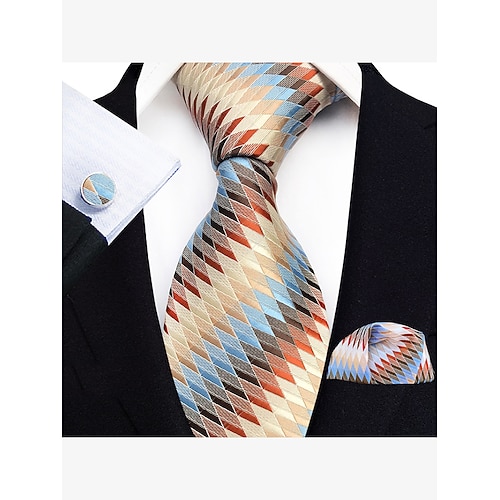 Orange- und marineblaues kariertes Krawattenset für Herren mit Einstecktuch und Manschettenknöpfen – stilvolles formelles Accessoire für Hochzeiten und Geschäftskleidung Image