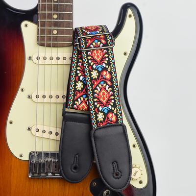TEMU Vintage Embroidered Guitar Strap With Leather Ends - For Bass, Electric, And Acoustic Guitars - Red Fabric Material, Adjustable Length, Guitar Accessories