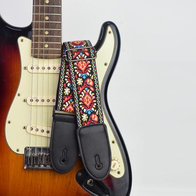 TEMU Vintage Embroidered Guitar Strap With Leather Ends For Bass, Electric & Acoustic Guitars - Comfortable Fabric Material, Red