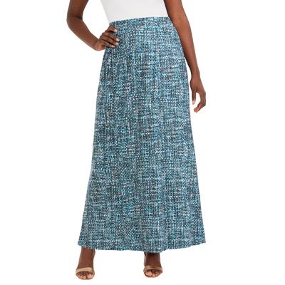 Plus Size Women's Stretch Knit Maxi Skirt by The London Collection in Deep Teal Abstract (Size 22/24) Wrinkle Resistant Pull-On Stretch Knit