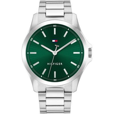 Quarzuhr TOMMY HILFIGER "BRUCE", silber (silberfarben, dunkelgrün), Armbanduhren, Herren, Armbanduhr, Herrenuhr, Lederarmband, analog Image