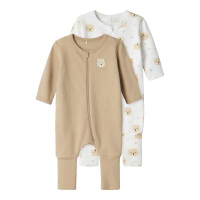Schlafoverall NAME IT "NBNNIGHTSUIT für Jungen mit süßem Print im 2er-Pack", Baby, Gr. 56, N-Gr, braun (oxford tan), Jersey, Obermaterial: 100% Baumwolle, bedruckt, casual, regular fit, Langarm, Overalls, bedruckt, casual, regular fit, Baumwolle,... Image