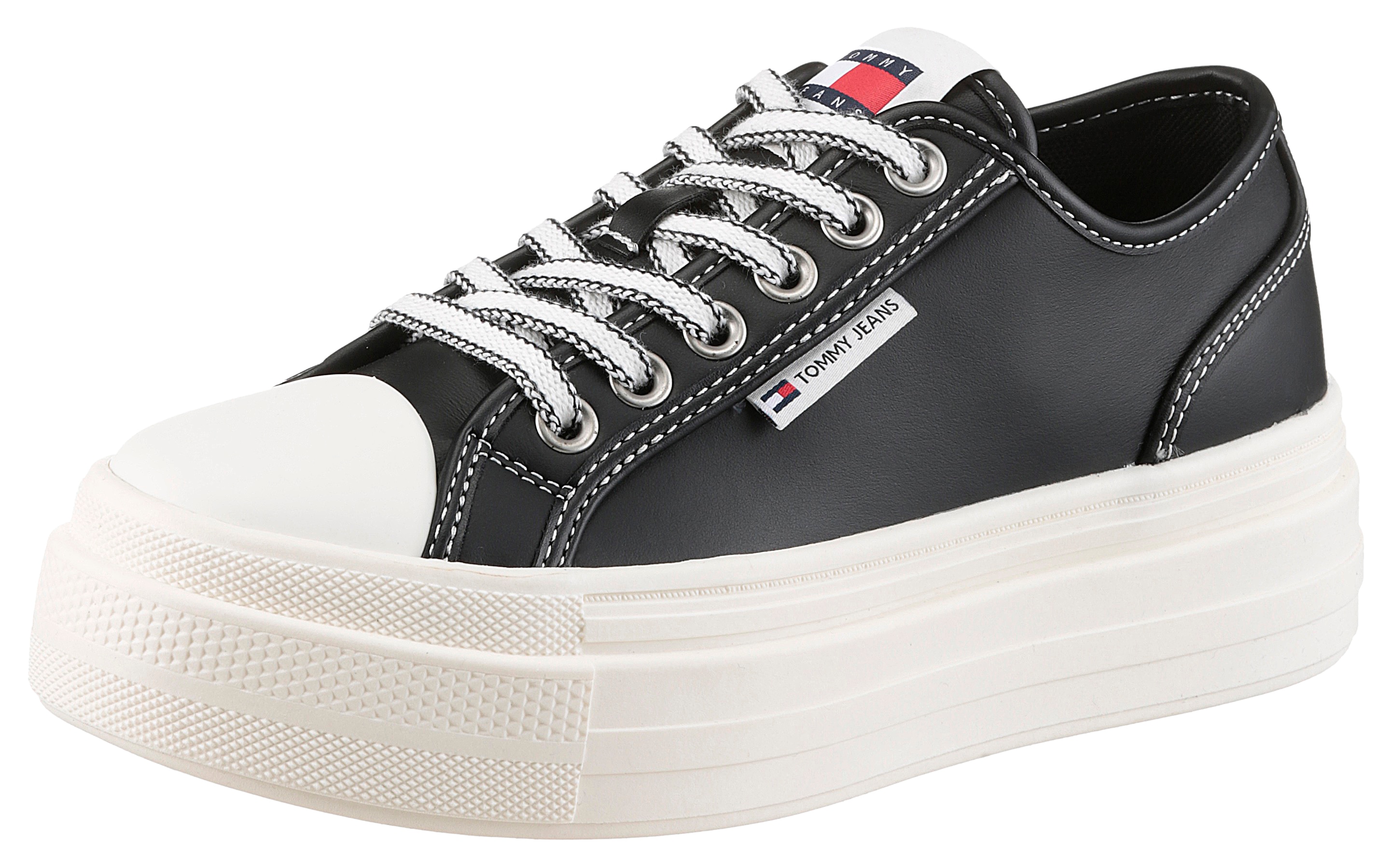 Plateausneaker TOMMY JEANS "TJW FOXING VULC LC LEATHER", Damen, Gr. 41, schwarz, Lederimitat, Sportlich, Schuhe, Freizeitschuh, Halbschuh, Schnürschuh, Kontrast-Schnürsenkel