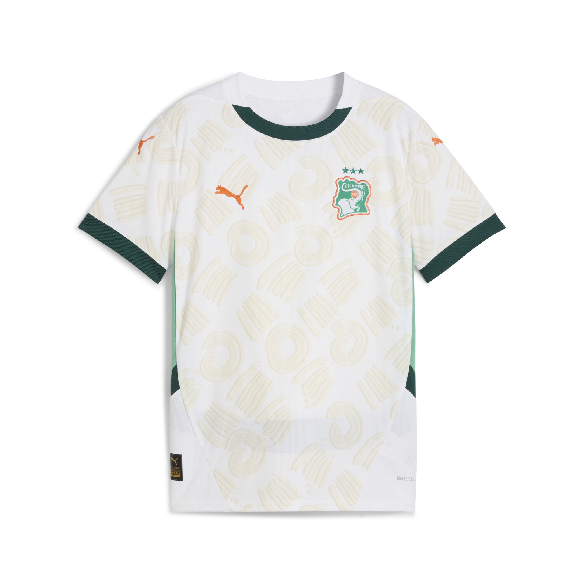 Trainingsshirt PUMA "Elfenbeinküste 2025 Auswärtstrikot Jugendliche", Kinder, Gr. 140, weiß (weiß schwarz myrtle grün), Obermaterial: 100% Polyester; Rippe: 100% Polyester, bedruckt, regular fit, Rundhals, Shirts Image