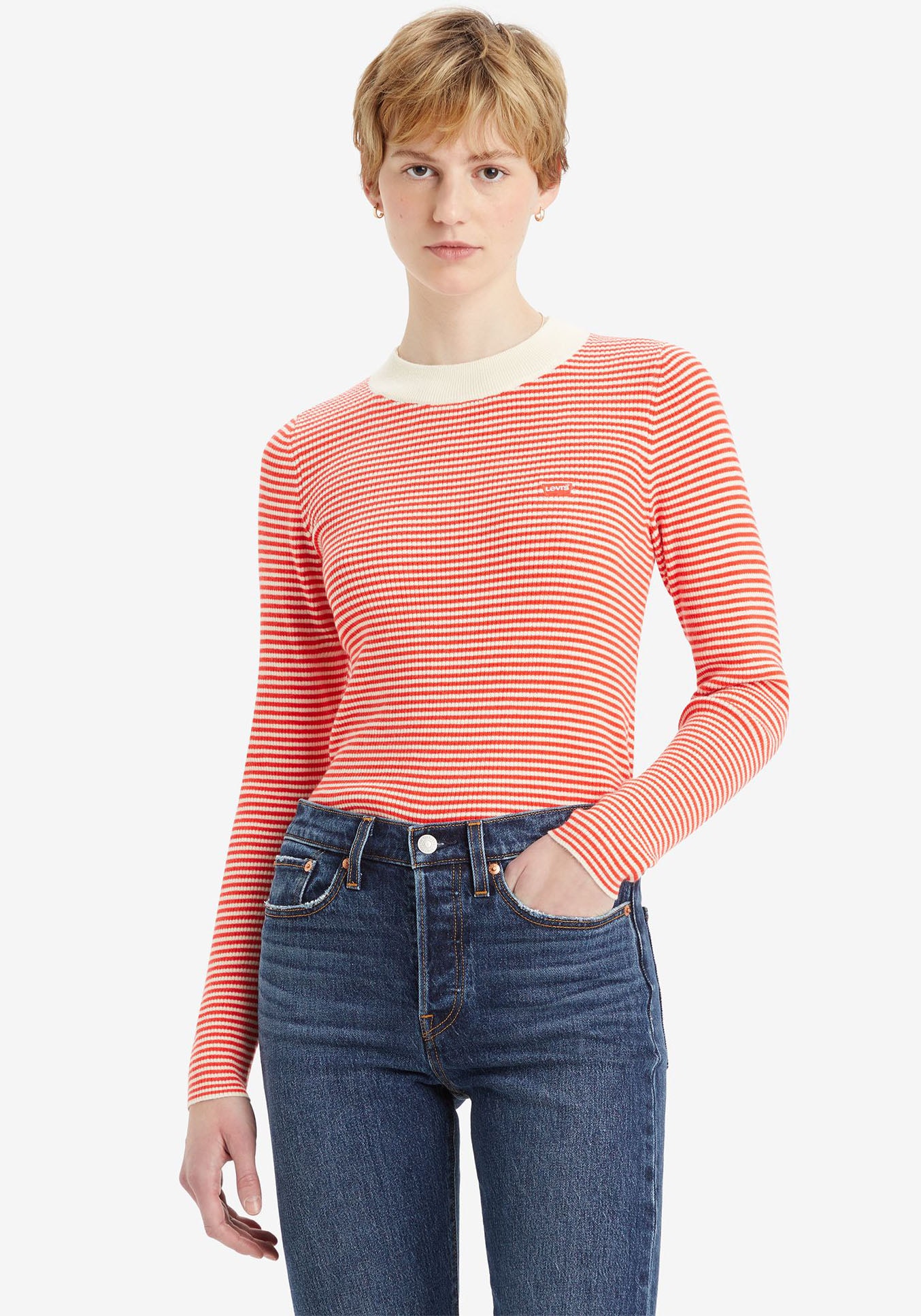 Strickpullover LEVI'S "RIB SWEATER", Damen, Gr. L (40), rot (vanilla stripe flame), Feinripp, Obermaterial: 51% Polyacryl, 36% Polyester, 13% Polyamid, gestreift, Rundhals, Pullover Strickpullover, mit Batwing Logo