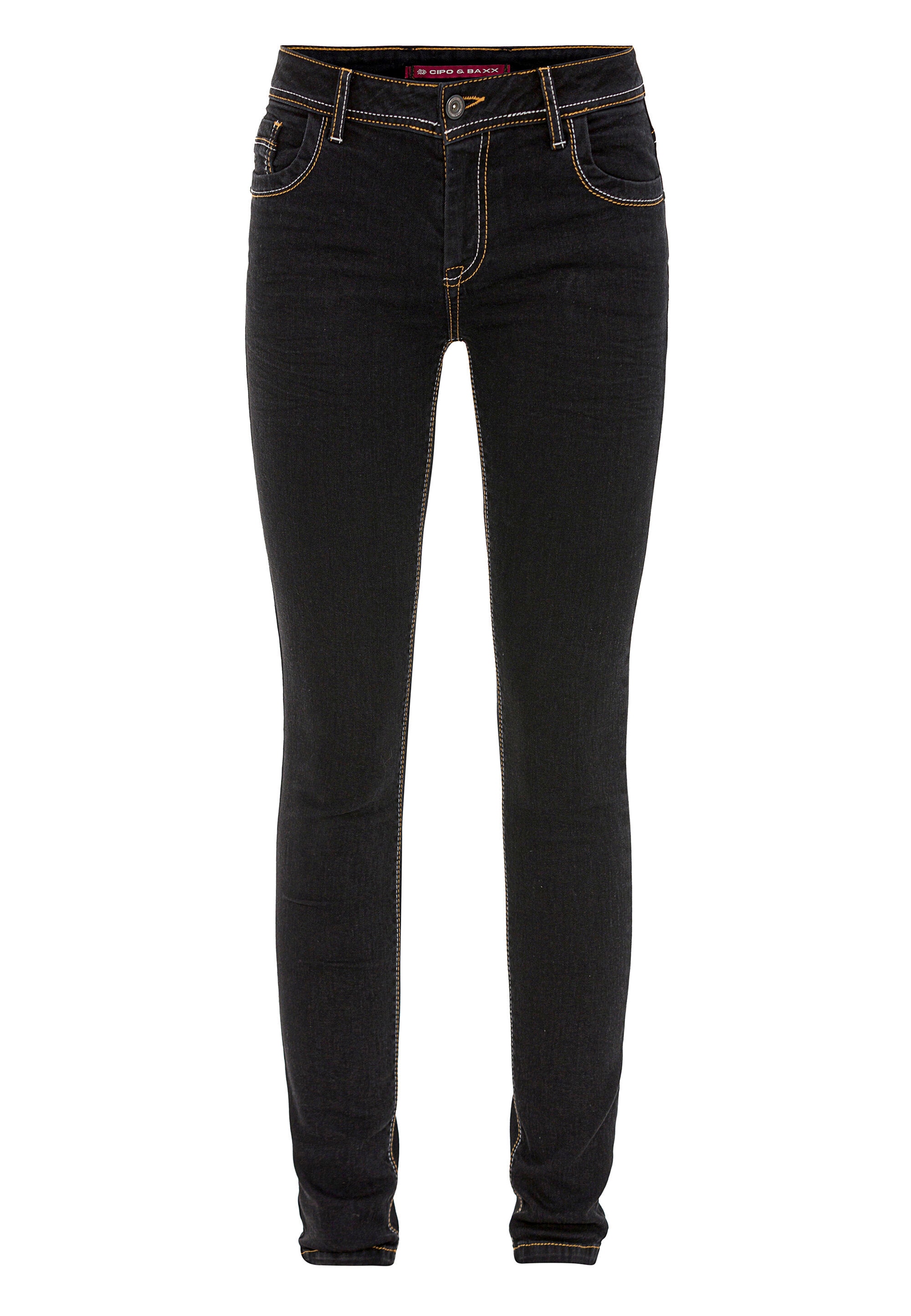 Slim-fit-Jeans CIPO & BAXX "Jeans", Damen, Gr. 31, Länge 34, schwarz, 98% Baumwolle;2% Elasthan, unifarben, slim fit lang, Jeans, im Used-Look, WD443 Image