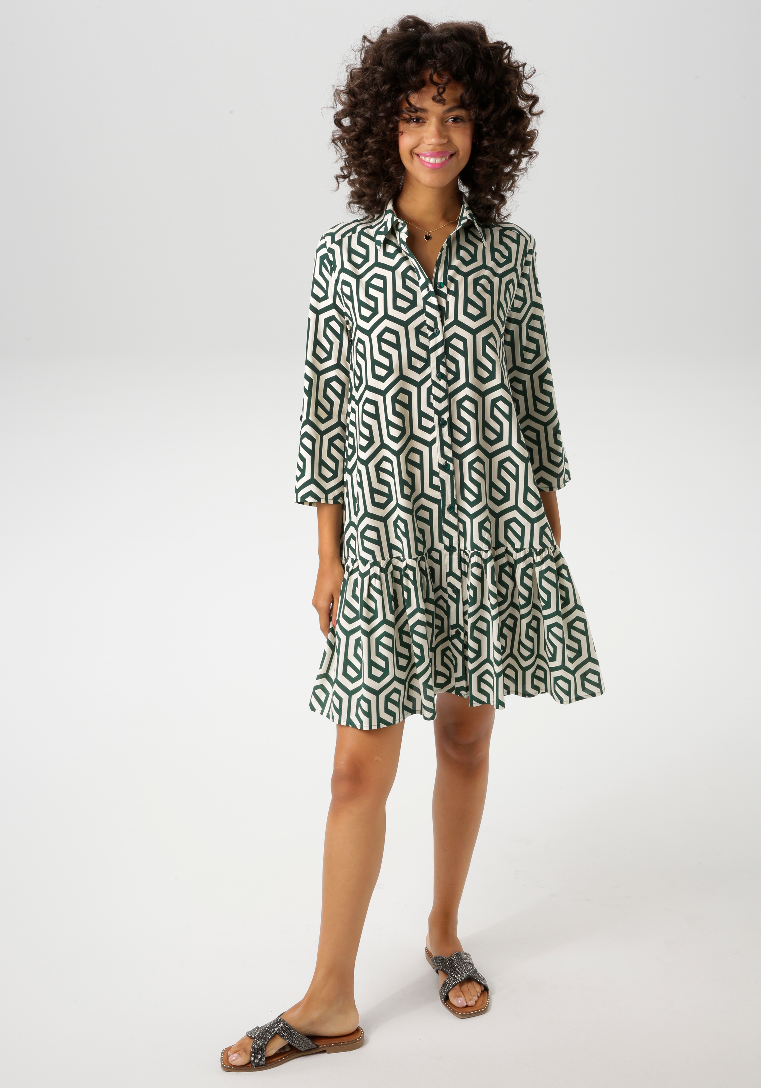 Blusenkleid ANISTON CASUAL, Damen, Gr. 36, N-Gr, grün (sand, tannengrün), Web, Obermaterial: 100% Viskose, bedruckt, gemustert, lässig geschnitten kniefrei, Krempelärmel, Kleider Blusenkleid, mit grafischem Druck