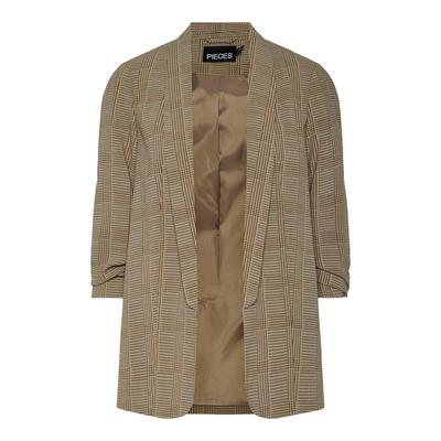 Blusenblazer PIECES "PCBOSELLA 3/4 PRINTED BLAZER NOOS", Damen, Gr. M (38), braun (crockery aop:check morel), Web, Obermaterial: 98% Polyester, 2% Elasthan, bedruckt, modisch, figurumspielend hüftbedeckend, 3/4-Ärmel, Blazer, mit 3/4 Ärmel Image
