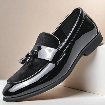 Men's Black Patent Faux Leather Tassel Loafers – Velvet Accent Slip-On Dress Shoes for Wedding and Formal Wear