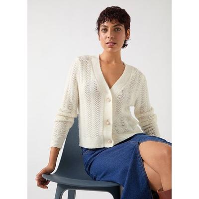 Elodie Cream & Ivory Wool Blend Stitch Detail V Neck Fluffy Cardigan, Cream