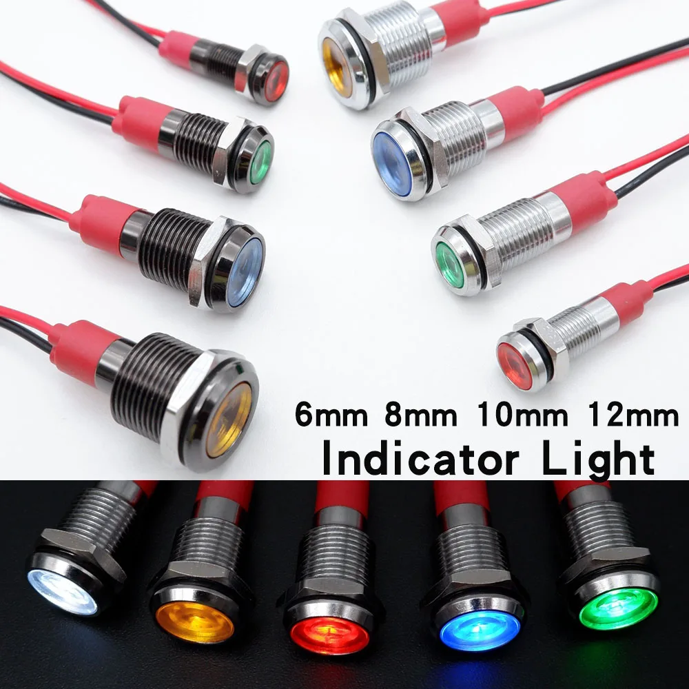 1 pz Indicatore luminoso in metallo 6mm 8mm 10mm 12mm Luce LED Nero Argento con filo 3 V 5 V 6 V 12 V 24 V 110 V 220 V Rosso Giallo Blu Verde