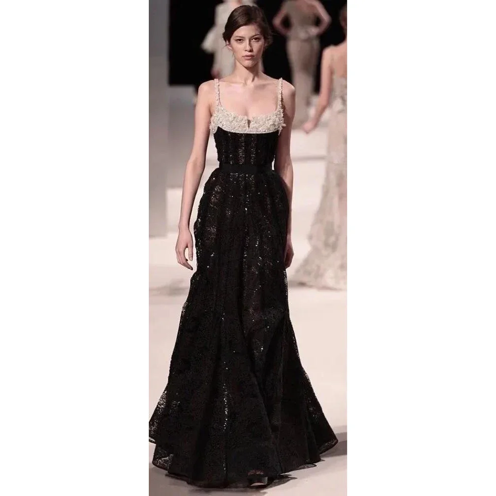 Customized Luxurious Women's Spaghetti Strap Sleeveless Evening Dresses Black A-line Backless Long Party Dresses for Special Ocn