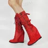 LAIGZEM Frauen Kalb Stiefel Seite Zip Faux Wildleder Keile Breiten Kalb Freundliche Stiefel Damen Schuhe Frau Botas Große Größe 42 44 46 47
