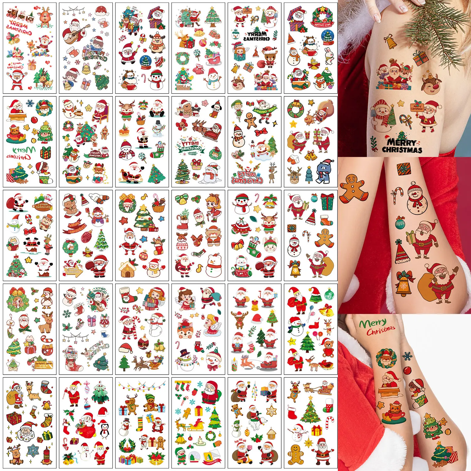30 Blatt temporäre Tattoo-Aufkleber mit über 300 Cartoon-Weihnachtselemente, einschließlich Weihnachtsmann, Weihnachtsbäume, Schneemänner, Geschenke und Weihnachtsdekorationselemente; Geeignet als Image