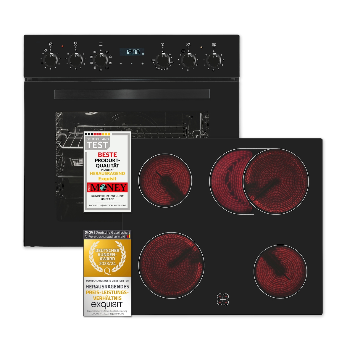 Exquisit Einbauherdset EHE285-HBZ-020-Set schwarz | 75 l Garraumvolumen | 9 Backofenprogramme | Kochfeld mit Rahmen | Energieklasse A Image