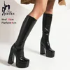 Gothic-Stil Plateaustiefel Damen Chunky Heels Modell Schuhe Stretch Lackleder Slip-On Schwarz Karree Kniehohe Stiefel 34-43