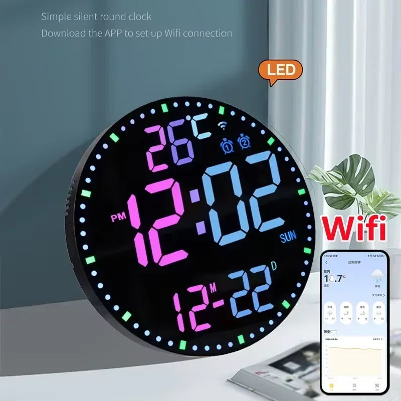 Smart Wifi Bunte LED Große Digitale Wanduhr Temperatur Datum Woche Display Dual Alarme Digitaluhr 12/24 h HomeDecor Fernbedienung Image