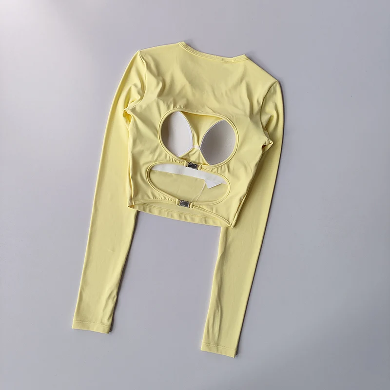 Aushöhlen Zurück Feste Brust Kissen Yoga Anzug Langarm Shirts Eng Anliegende Sport Top Abnehmen Elastische Fitness Kleidung Image
