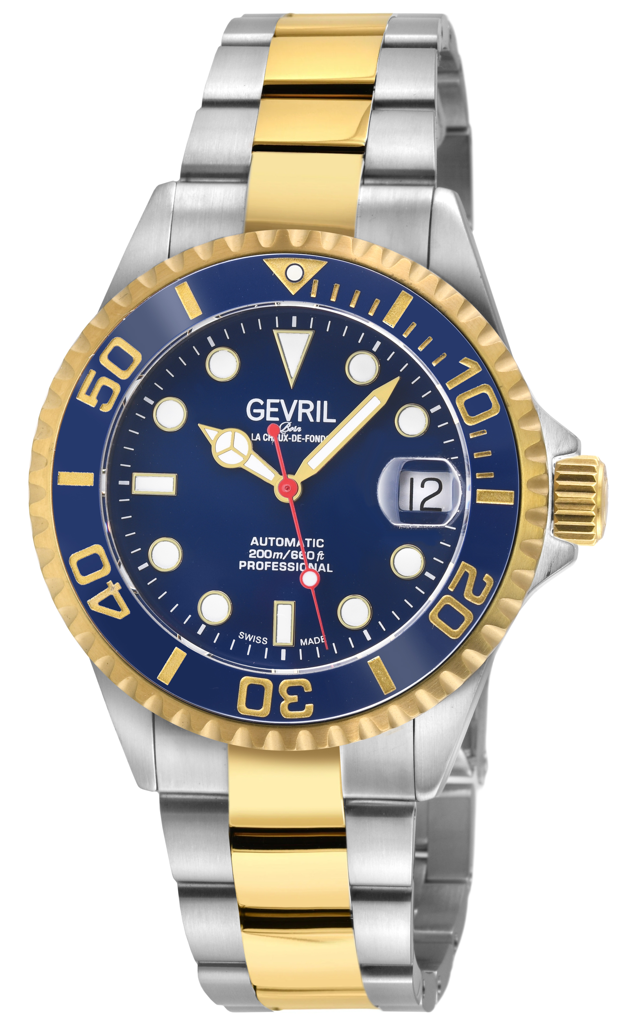 Gevril Mens Wall Street Dark Blue Enamel Dial, Ceramic Bezel, 316L Stainless Steel Two Toned Ipyg Bracelet Watch. - Silver - One Size