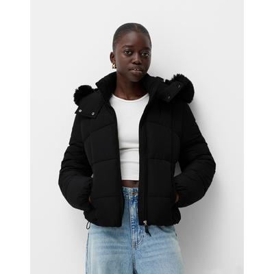Bershka Puffer Jacket With Faux Fur Hood Women Xl Black