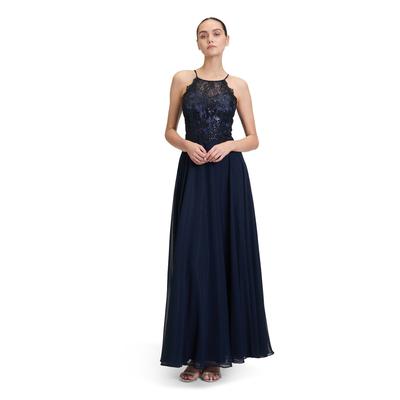 Abendkleid VERA MONT "Vera Mont Abendkleid rückenfrei", Damen, Gr. 46, Normalgrößen, blau (night sky), Obermaterial: 100% Polyester. Besatz: 100% Polyamid. Futter: 100% Polyester., festlich, Basic schmal lang, Neckholder, ohne Ärmel, Kleider, Spitze Image
