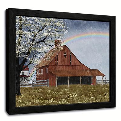 TEMU 1pc, Framed Billy Canvas Wall Art, Country Barn Farm Primitive Folk Art Print For Bedroom Living Room Decor, Wood Frame