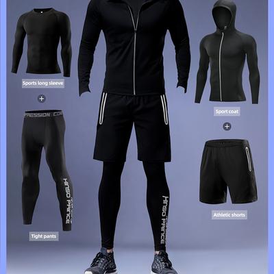 TEMU Men's 4pcs Athletic Set: Quick-dry, Stretchy Hoodie, Shorts, & Leggings - Running, Basketball Training & Outdoor Activities