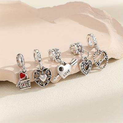 TEMU 5pcs Vintage Boho-chic Love Heart Pendant, Key And Lock Alloy Charms, Small Silvery Peach Heart, Rustic Versatile Diy Necklace & Bracelet Accessories Image
