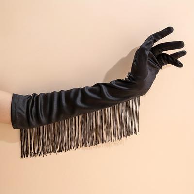 TEMU 1 Pair Elegant Long Tassel Fingerless Gloves - Stretchy Polyester Latin Dance Wedding Party Accessories With Flowing Fringe, Solid Color For Special Occasions Image