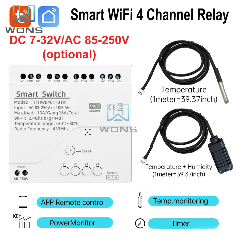 110 V 220 V Tuya Smart WiFi 4 Kanal Relais Mit Temperatur Feuchtigkeit Sensor Passive Trocken Kontaktieren Schalter Alexa Alice kompatibel Image