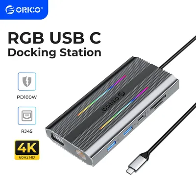 ORICO RGB USB C HUB Typ C zu HDMI-kompatibel 4K60Hz PD100W USB 3,0 RJ45 SD Kartenleser Docking Image